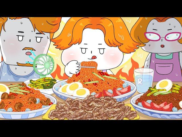 찜통 더위엔 시원한 비빔면 먹방! (더미식 비빔면, 차돌박이) 애니먹방/Bibimmyeon (Spicy Noodle) Mukbang! Animation ASMR /foomuk