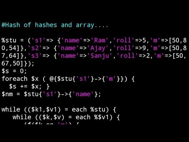 Hash of hashes and array in Perl programming,Example 1, find name of the student getting max marks