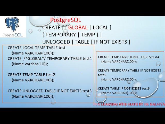 PostgreSQL Create UNLOGGED Table | TEMP TABLE | IF NOT EXISTS TABLE | CREATE TEMPORARY TABLE VD#16