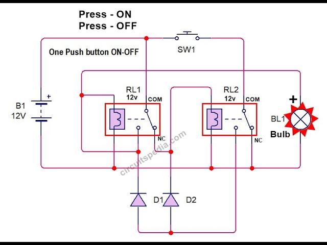 Relay one push button on-off switch simulation | One pushbutton on off relay switch circuit.