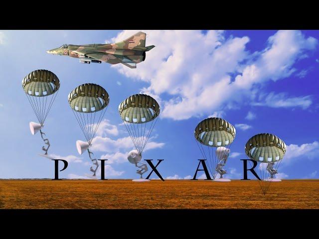 Five Luxo Lamps Parachute Jump From Aircraft Spoof Pixar Logo