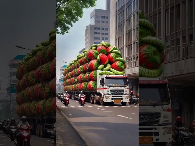 Evolution from a truck carrying giant strawberries to a snowy winter scene