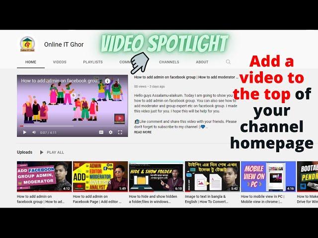 Add a video to the top of your channel homepage | Video spotlight add a video to the top 