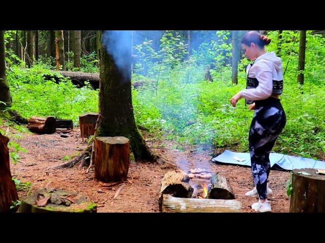 ASMR Solo beauty camping|Cooking steak on the fire and raspberry tea