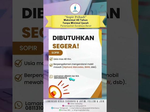 Lowongan Kerja Sopir/Driver Pribadi Surabaya - Loker Surabaya Barat