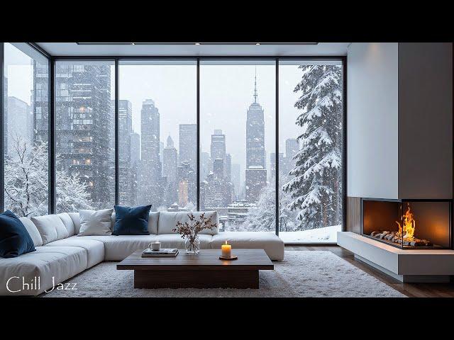 Winter Snowstorm at Cozy NYC Apartment Ambience with Warm Piano Jazz Music by Crackling Fire️