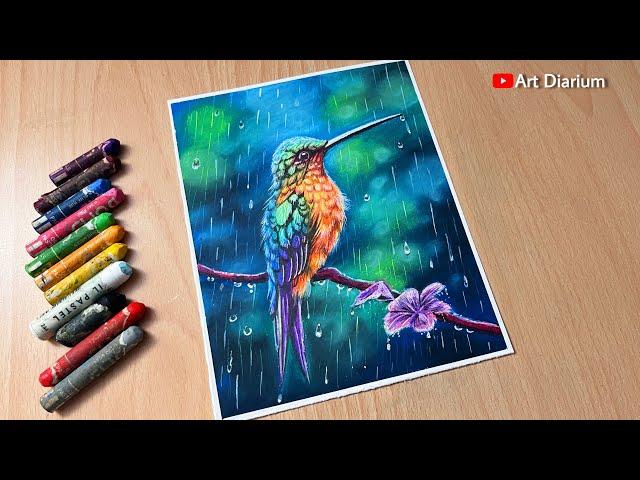 Hummingbird Nature Drawing with Oil Pastel Step-by-Step tutorial