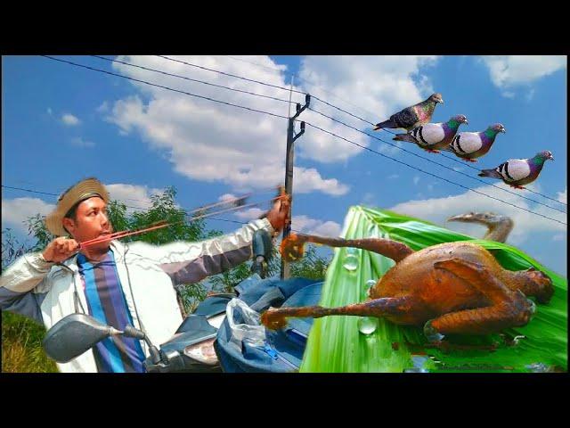 Hunting slingshot #72 - Shoot pigeons on a light pole - Eat pigeons || Thai S