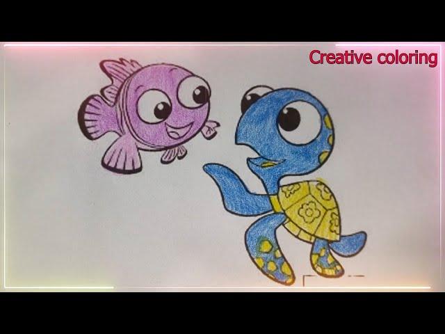 Color the picture of a baby turtle playing with a fish