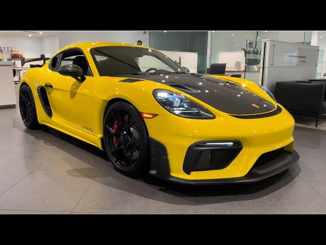 2024 Porsche 718 Cayman GT4 RS in Racing Yellow w/ Black Race-Tex interior and Arctic Grey Stitching