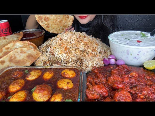 ASMR EATING SPICY CHICKEN BIRYANI,CHICKEN LOLLIPOP,EGG CURRY,SOFT PARATHA,RAITA AND EXTRA GRAVY