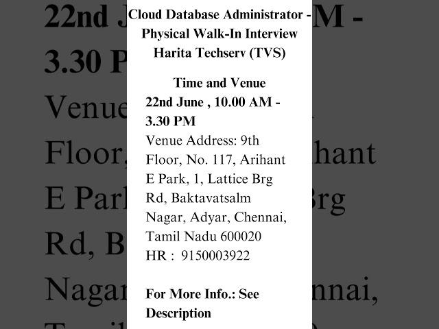 Cloud Database Administrator - Physical Walk-In Interview Harita Techserv (TVS)