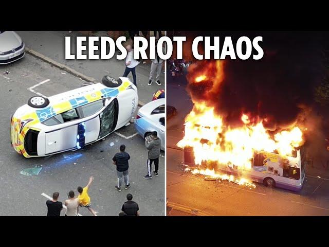 Major riot rocks Leeds as huge gang of thugs torch bus and flip cop car in night of shame