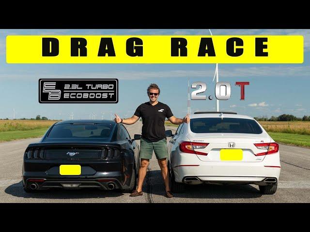 Honda Accord 2.0t challenges Ford Mustang Ecoboost 2.3l, things get interesting. Drag and roll race.