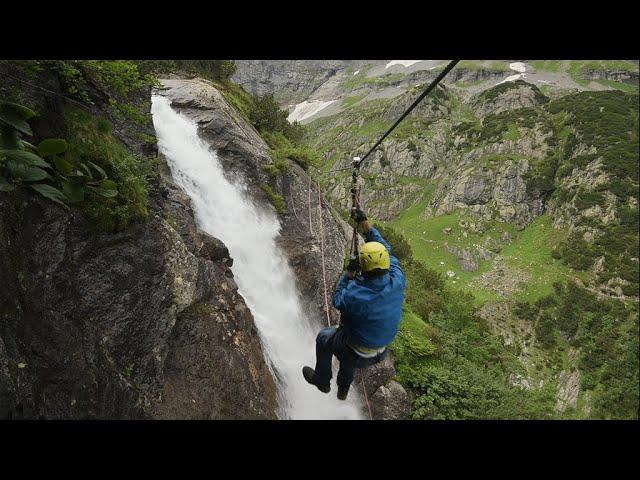 Via Ferrata Stäibber, Kröntenhütte - Crazy zipline above a waterfall