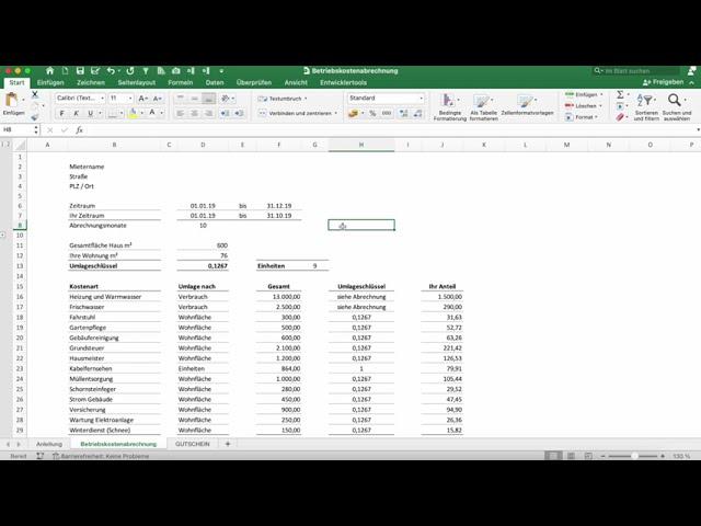 Excel Vorlage Betriebskostenabrechnung - kostenlos