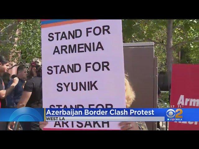 Demonstrators rally outside Azerbaijan consulate amid violence between Armenia