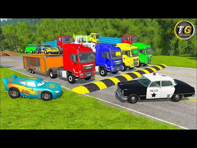 Quadruple Trucks Transporting cars with Flatbed Trailers | Cars vs Speedbump vs Train vs Pothole #10