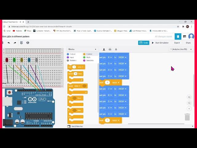 Blink LEDs in different Pattern using Arduino in Tinkercad [Tinkercad Circuit] [Aruino Block Code]
