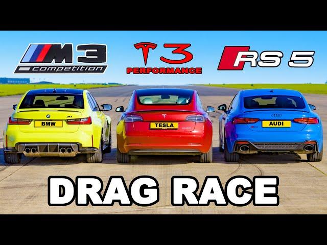 BMW M3 AWD v Model 3 Performance v Audi RS5: DRAG RACE