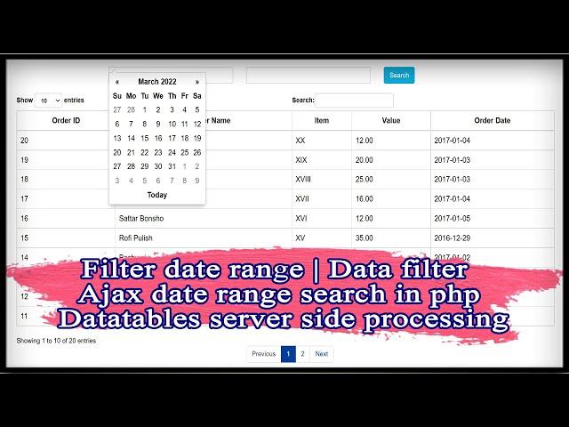 Filter date range | Data filter | Ajax date range search in php | Datatables server side processing