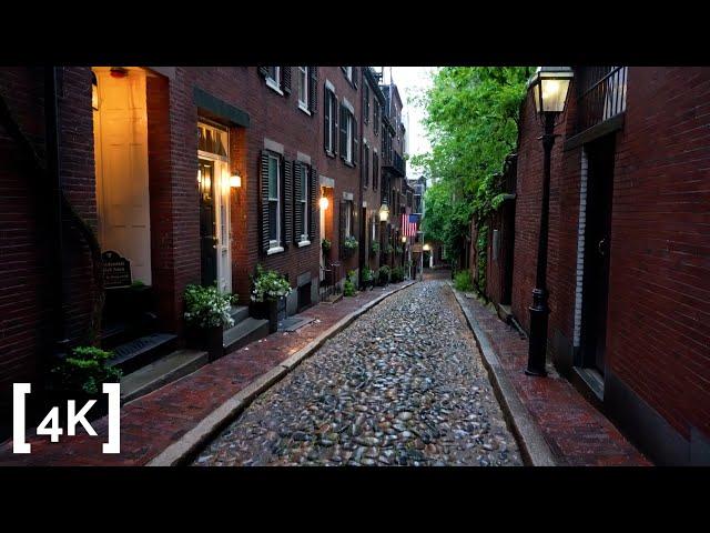 [4K] Walking Beacon Hill in Boston, MA - Rainy Day Ambience - ASMR Walk - 3D Binaural Audio