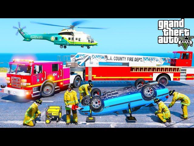 GTA 5 Firefighter Mod LA Tiller Ladder Extricating Pinned Victim From A Car Crash + Sheriff Medevac