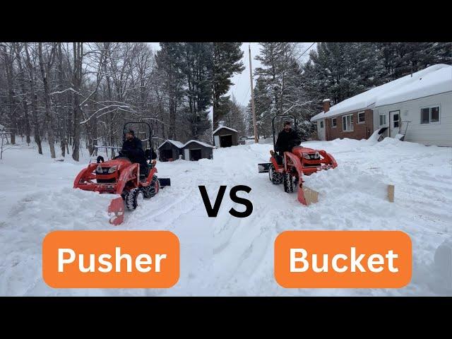 BX 2380 Plowing snow with a bucket and a snow pusher. Which is better?