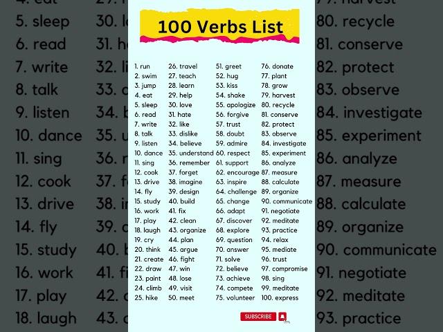 100 Verbs List #verbs #verb