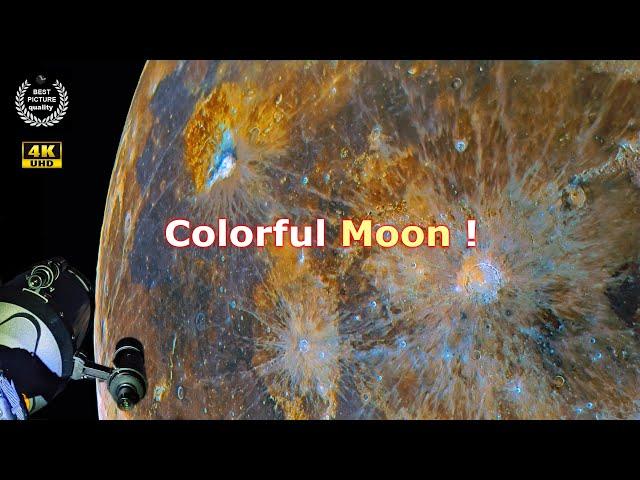 COLORFUL MOON 2 shooting through a telescope 4k. Сolor lunar surface