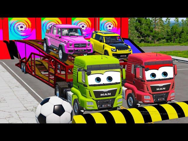 TRANSPORTING PIXAR CARS & FRUITS WITH COLORED & JOHN DEERE vs CLAAS vs TRACTORS - BeamNG.drive