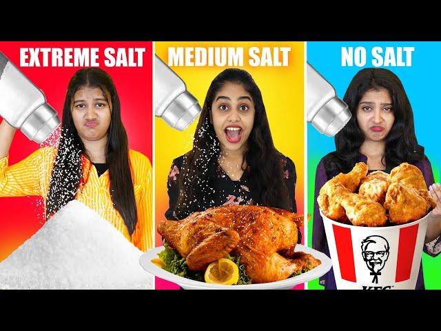 EXTREME SALT Vs MEDIUM SALT Vs NO SALT FOOD EATING CHALLENGE  | PULLOTHI