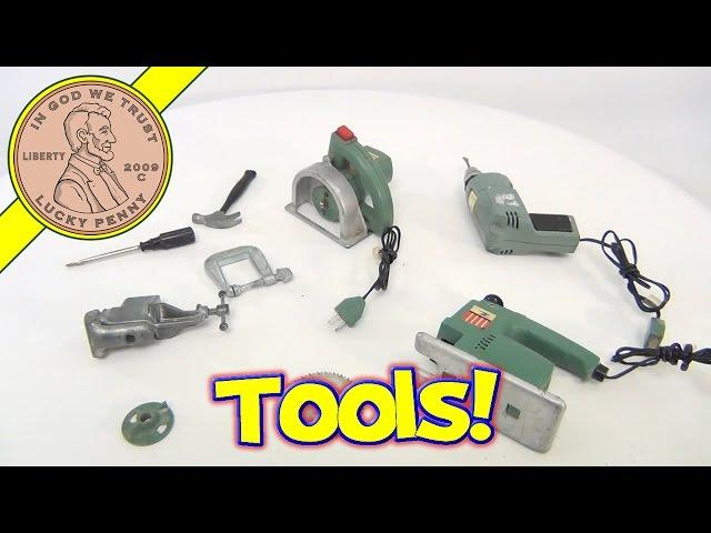 1969 Ideal Power Mite Vintage Miniature Tools - Drill Circular Saw Jig Saw and Table Vice Set