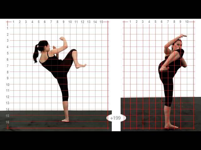 Young Adult Female Side Kick High - Grid Overlay. Animation Reference Body Mechanics