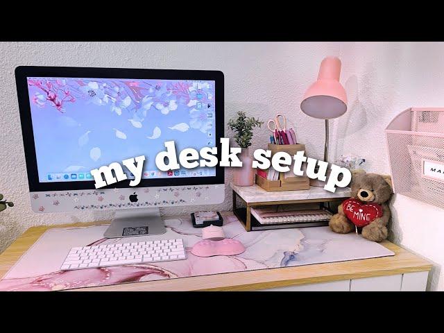 My desk setup | simple desk makeover using contact paper | small desk, pink and girly