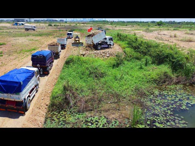 EP2 Starting New Project, KOMATSU D37P Bulldozer, Pouring stones to build a road Using dump truck 5t