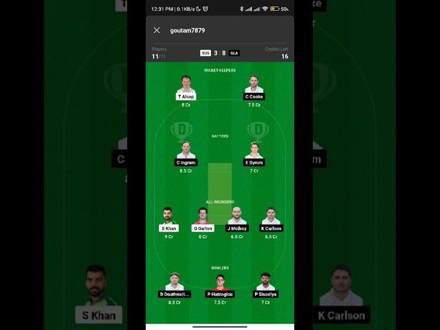 SUS vs GLA Dream11 Team| GLA vs SUS Dream11 T20 Blast|SUS vs GLA Dream11 Team Today Match Prediction