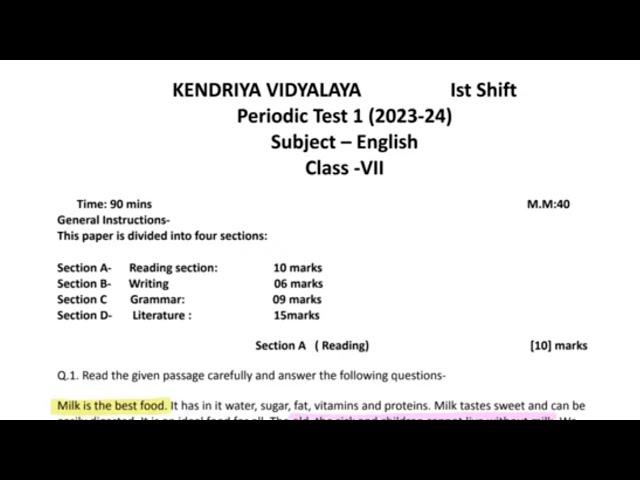 Class7 English P.T. 1  Fully Solved/ kendriya vidyalaya fully solved Question paper