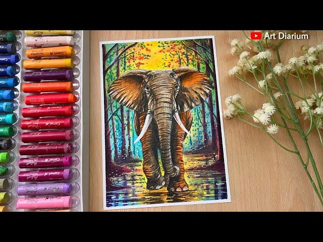 Elephant in Nature Drawing with Oil Pastel Step-by-Step