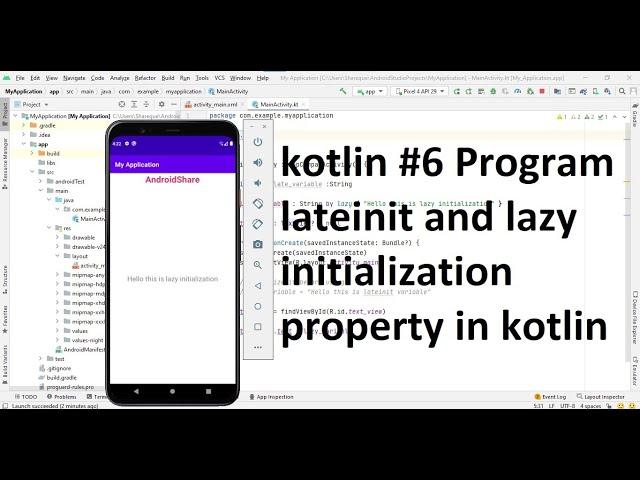 Lateinit and lazy initialization in kotlin. Difference between lateinit & lazy. #kotlin 6 program.