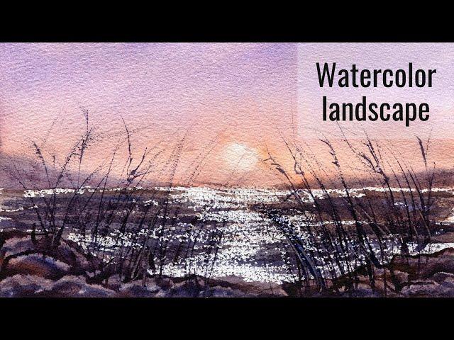 Easy watercolor landscape with 3 colors / Limited palette seascape with sunset sky and rocks