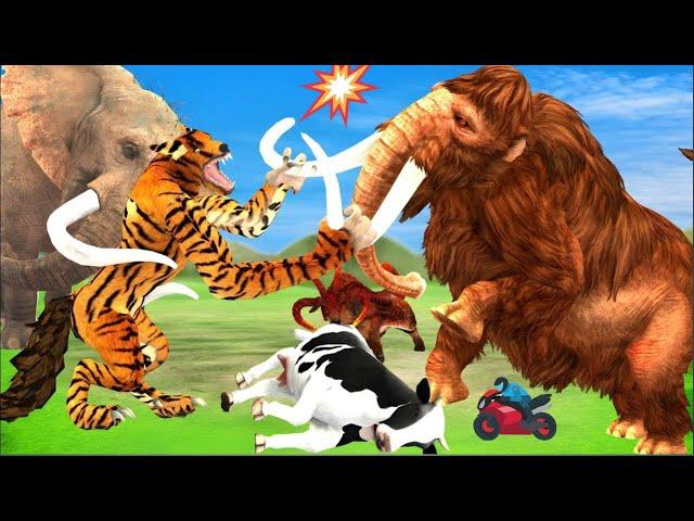 Giant Tiger Lion Attack Dinosaur Chase Cow Cartoon Buffalo Gorilla Saved By Woolly Mammoth Elephant