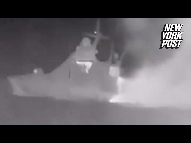 Dramatic video shows Russian Black Sea ship sinking after Ukraine drone attack