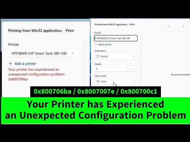 Your Printer has Experienced an Unexpected Configuration Problem 0x800706ba / 0x8007007e /0x800700c1