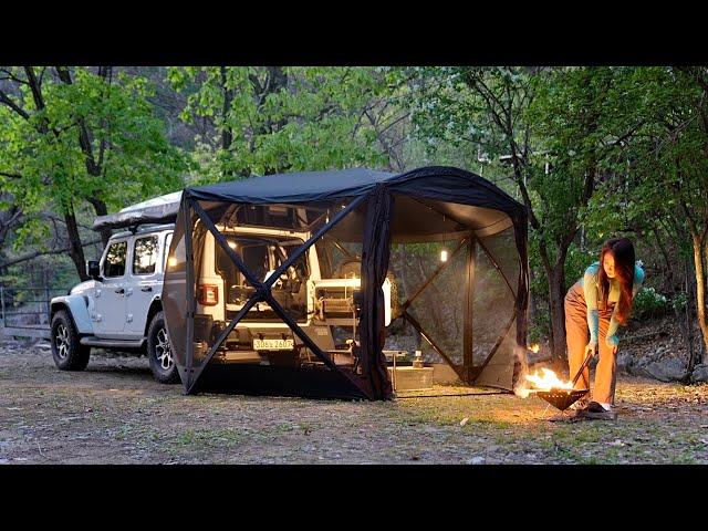 Relaxing in nature Perfect solo camping in a cozy black shelter tent / nature ASMR