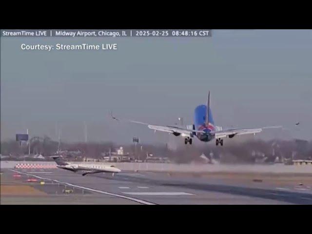 'How'd that happen?': Video shows near-miss collision between plane, jet at Midway Airport