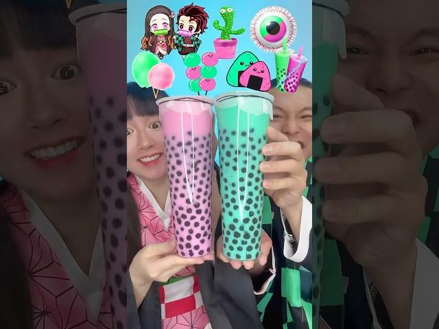 Random Pink Green Food Mukbang ASMR bubble tea boba#asmr #mukbang #shorts #demonslayer