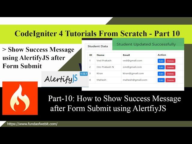 CodeIgniter4 - Part-10: How to Show success message after form submit using AlertifyJS in CI4