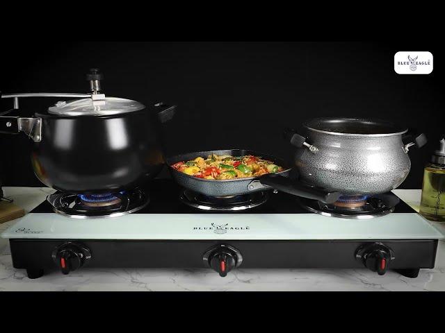 Blue Eagle 3 Burner Auto Ignition with Toughened Glass Cooktop Color- Black & White