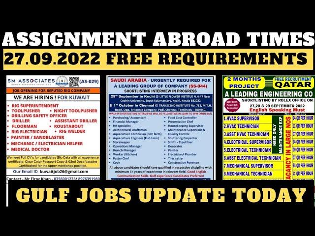 28 September 2022 Assignment Abroad Times | Saudi Dubai Qatar Kuwait Jobs | Azmi Jobs Update